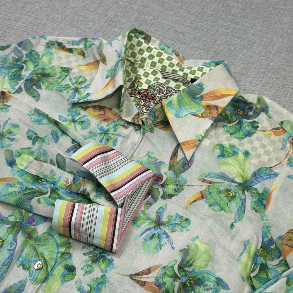 Robert Graham Floral Button-Up Shirt Womens Large Green Flip Cuffs Long Sleeve
